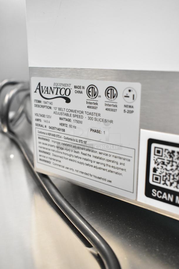 Avantco 184T140 stainless steel conveyor toaster, 10" wide, 3" opening, brand new, 120V, 300 slices/hr. Labels confirm specs.
