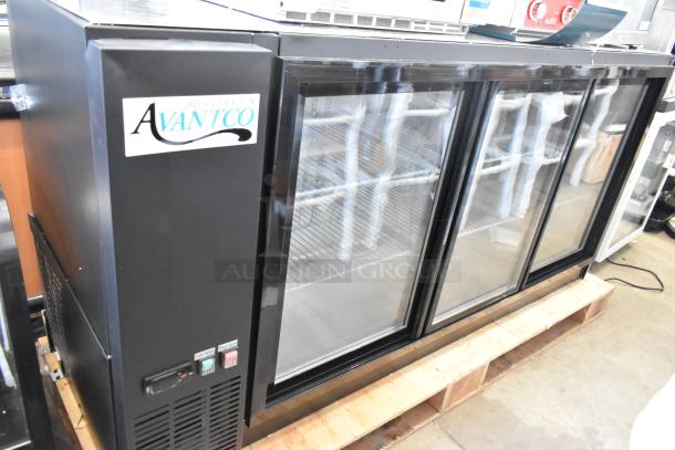 Brand new Avantco 178UBB72SGT back bar refrigerator, black, sliding glass doors, galvanized top, LED lighting, 115V.