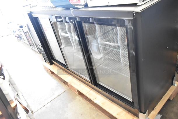 New Avantco 178UBB72SGT 73" black underbar refrigerator, sliding glass doors, galvanized top, LED lighting, 115V, minor scratches.