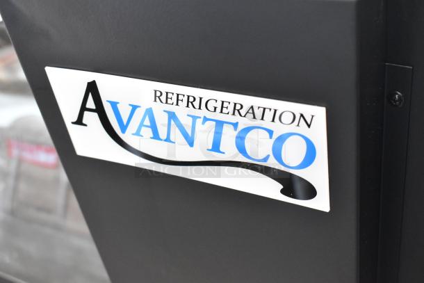 Avantco black underbar refrigerator with sliding glass doors, galvanized top, LED lighting, and voltage details display.