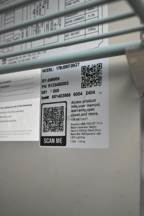 Brand new 2024 Avantco 178UBB72SGT 73" black underbar refrigerator label, showing model, specs, 115V, LED lighting.