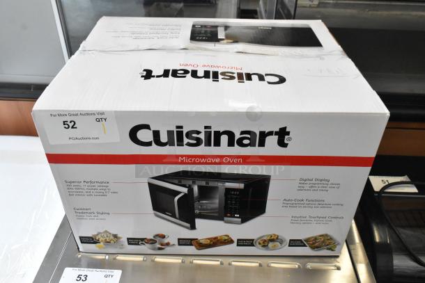 BRAND NEW Cuisinart CMW-70WH Compact Microwave Oven, 120V, with minor scratches and dents. Box showing features and images.