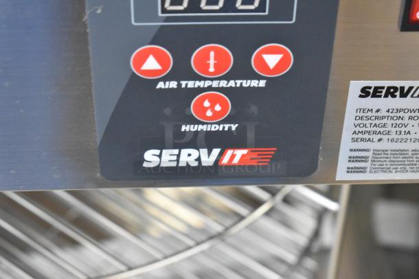 Brand new ServIt 423PDW18D1 countertop display warmer, stainless steel, 18", 4 shelves, 120V, 1 phase, with control panel.