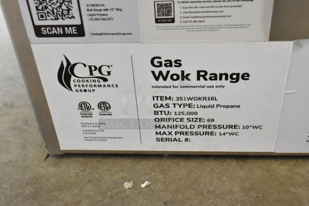 BRAND NEW Cooking Performance Group WOKR16L LP Wok Range, 16" Ring, 125,000 BTU, commercial use, model 351WOKR16L.