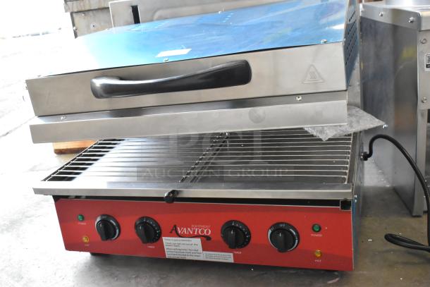 Brand new Avantco 177SAL23M stainless steel 23" electric salamander. Features control knobs and a robust red base. 208/240V.