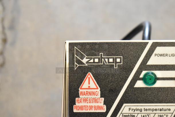 Zokop EH81 stainless steel countertop electric deep fryer with metal fry basket, featuring warning label about heat pipe.