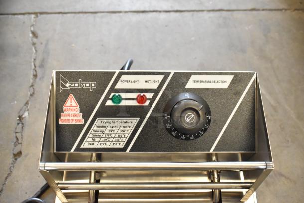 Zokop EH81 Stainless Steel Deep Fryer, countertop model with metal fry basket and lid. Features power/hot lights, temperature dial, and safety warning label. 110 volts, 1 phase.