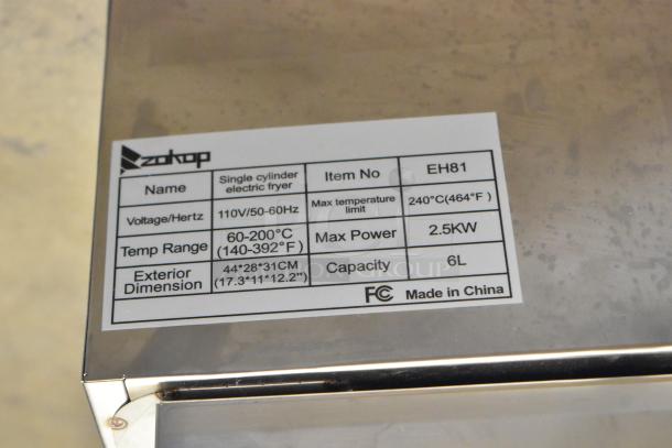 Zokop EH81 Stainless Steel Electric Fryer with 6L capacity, 110V, 2.5KW. Features adjustable temp 60-200°C. Made in China.