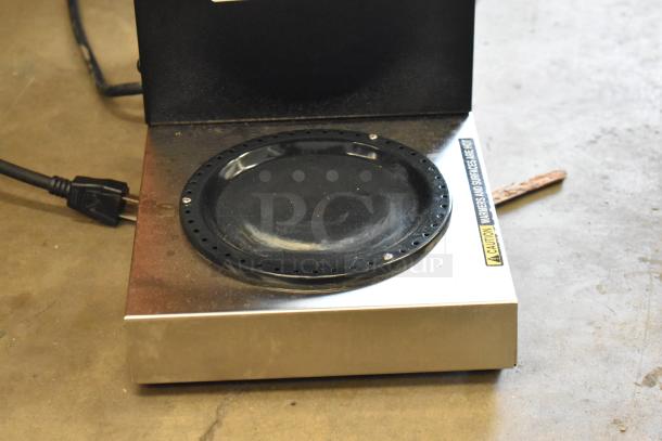 2023 Bunn VPR coffee machine with stainless steel 2-burner design, shown with caution label. 120 Volts, 1 Phase.