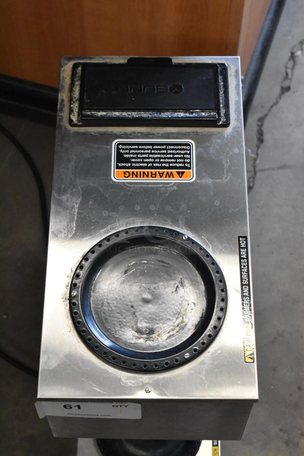 2023 Bunn VPR Stainless Steel Commercial Coffee Machine, 2 Burners, 120V, showing wear. Warning label visible.
