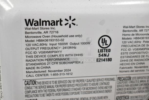 Label on Hamilton Beach HB8436193153-02 Countertop Microwave Oven. Shows specifications: 120V, 1600W input, 1000W output.