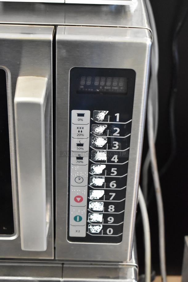 2017 Amana RCS10TS stainless steel commercial countertop microwave oven, visible keypad wear, 120V, 1 phase.