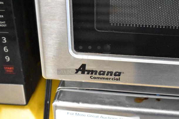 2017 Amana RCS10TS stainless steel commercial countertop microwave oven, 120 volts, 1 phase, keypad controls, good condition.