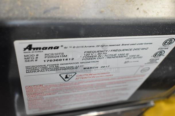 2017 Amana RCS10TS Stainless Steel Commercial Microwave Oven label showing model, serial number, and specifications.