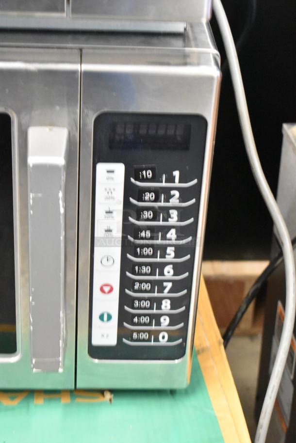 Amana RCS10TS stainless steel commercial countertop microwave oven, keypad with multiple settings, 120 volts, 1 phase.