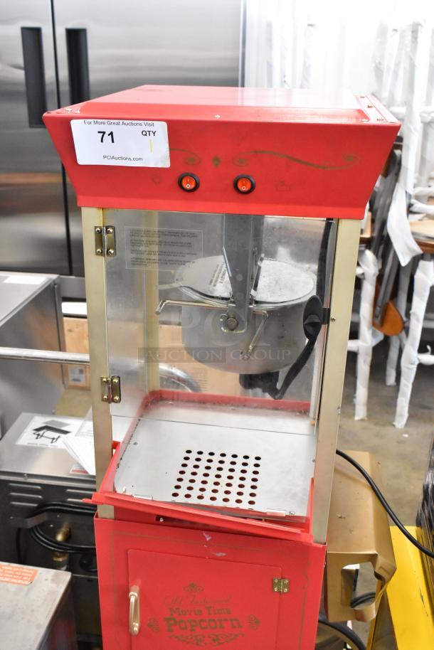 Nostalgia CCP510 red metal popcorn machine on cart, 115V, 1-phase, vintage design, glass door, "Movie Time Popcorn" logo.