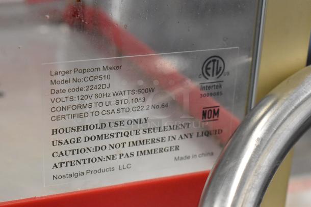 Nostalgia CCP510 popcorn machine label, 120V, 600W, for household use. Model CCP510, Date code: 2242DJ.