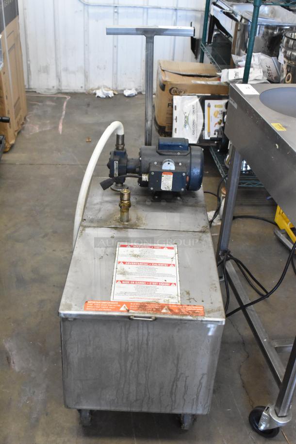 Metal Commercial Portable Fryer Oil Filter, Model 402, 120 Volts, 1 Phase, visible labels, slightly worn condition.