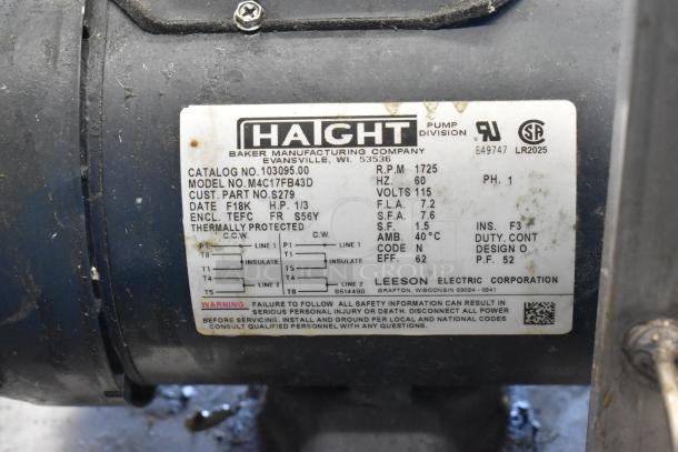 Alt Text: Haight pump model M4C17FB43D label on 402 Metal Commercial Portable Filter for fryer oil, 120 volts, 1 phase.