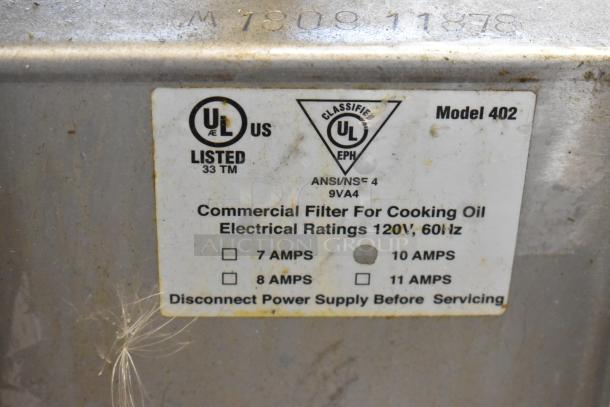 Metal Commercial Portable Fryer Oil Filter, Model 402. UL listed, 120V, 1 phase, 60Hz, ANSI/NSF 4 certified.