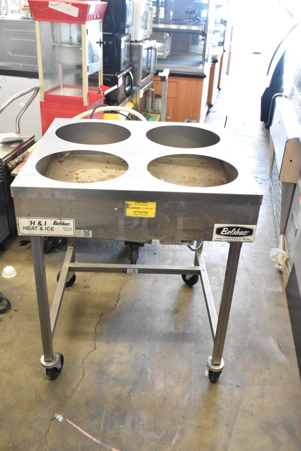 2023 Belshaw H&I-4 stainless steel heat and ice glazing station, 4 compartments, on commercial casters, 208-240V, 1 phase.
