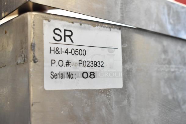 2023 Belshaw H&I-4 Stainless Steel Glazing Station, 208-240V, 1 Phase, commercial casters, tag showing serial and PO number.
