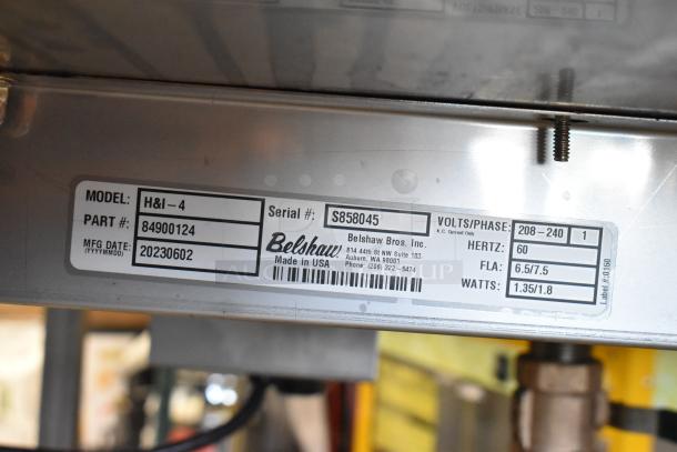 2023 Belshaw H&I-4 Stainless Steel Heat and Ice Glazing Station, 208-240V, 1 Phase, commercial casters, model label visible.