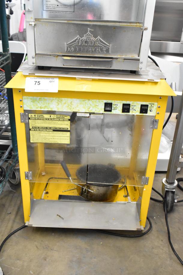 2019 OY-828 Metal Popcorn Machine, 120V, 1 Phase. Features transparent doors, control panel, Olde Midway branding.
