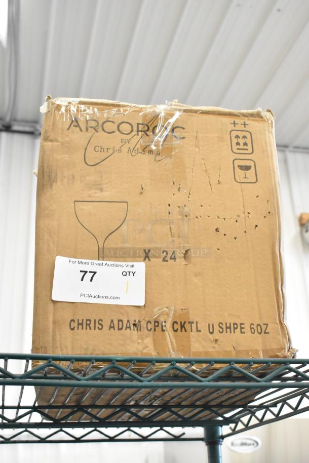 Box of 24 Arcoroc by Chris Adams 6 oz. Etched Coupe Cocktail Glasses, scratch and dent condition. Packaging shows damage.