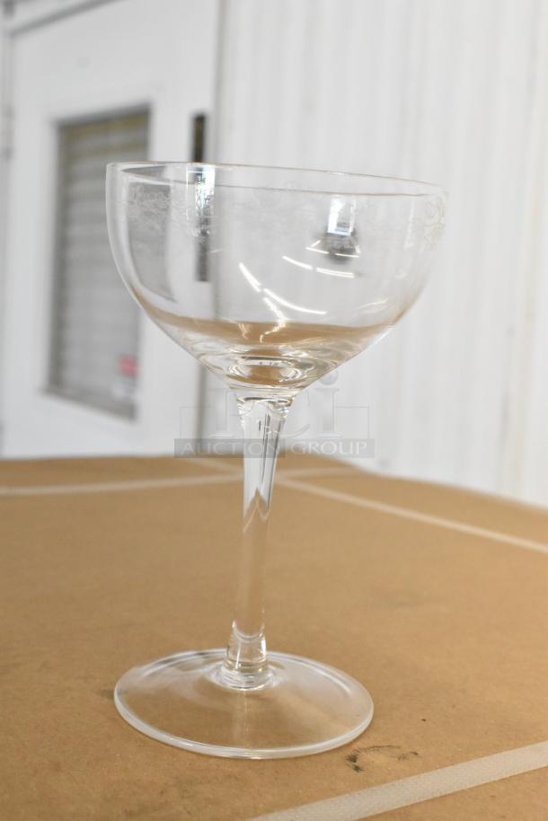 Box of 24 Arcoroc by Chris Adams CA504 Coupe Cocktail Glasses, 6 oz, etched design, scratch and dent condition.