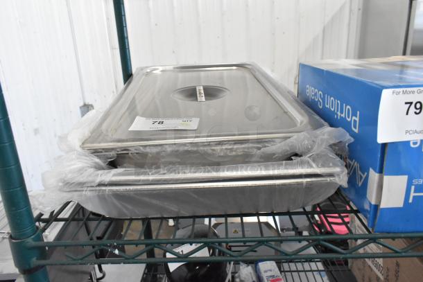 6 brand new Vigor full-size steam table pans with solid covers, stainless steel, 22 gauge, anti-jam design.