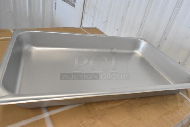 6 new Vigor full-size 2.5" deep anti-jam stainless steel steam table pans, 22 gauge, scratch and dent condition.