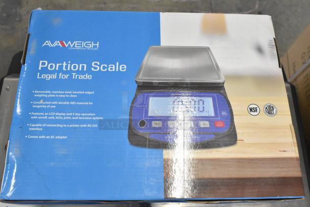 Brand new AvaWeigh 334PCN20 20 lb. portion scale, legal for trade, with LCD display, stainless steel plate, and RS-232 interface.