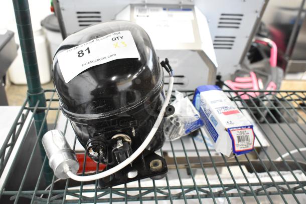 3 new items: Cubigel NUT55NR compressor, BPV31 valve, Catch-all C-032-S drier. Some visible scratches. Auction quantity x3.