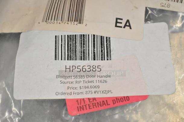 Blodgett 56385 Door Handle packaging with barcode and pricing details, labeled as scratch and dent new condition.