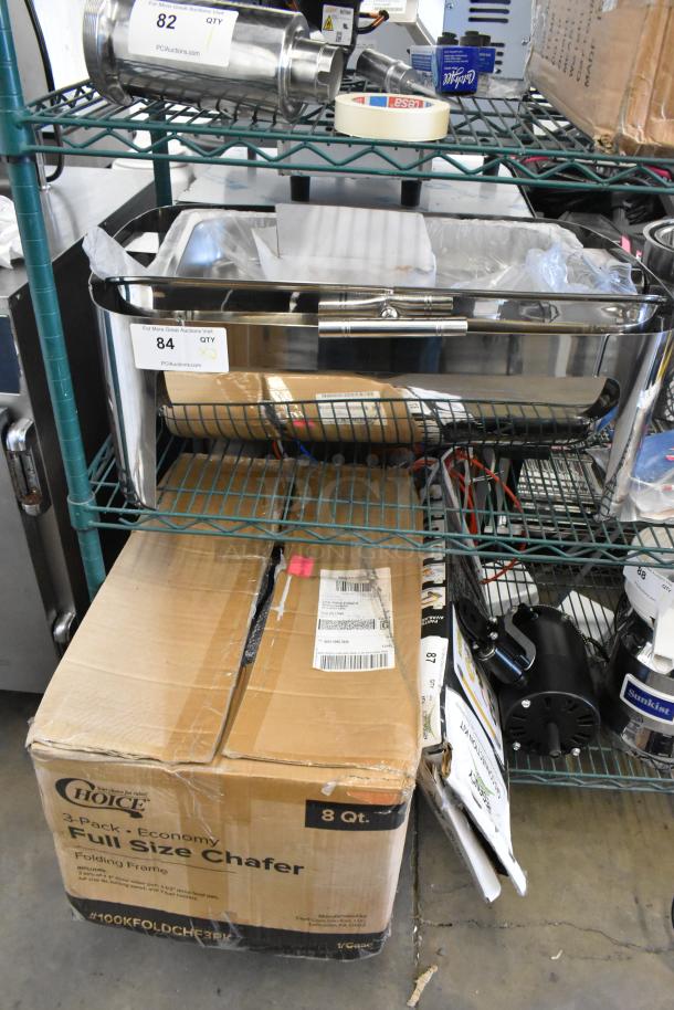 Brand new Choice Economy 8 Qt. stainless steel chafer with folding frame, boxed, scratch and dent condition, 3-pack.