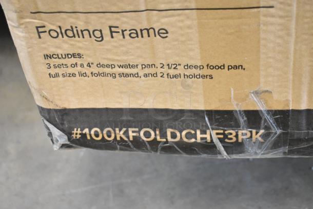 Cardboard box for Choice Economy 8 Qt. Stainless Steel Chafer, Model #100KFOLDCHF3PK, includes pans, lid, frame, and fuel holders.