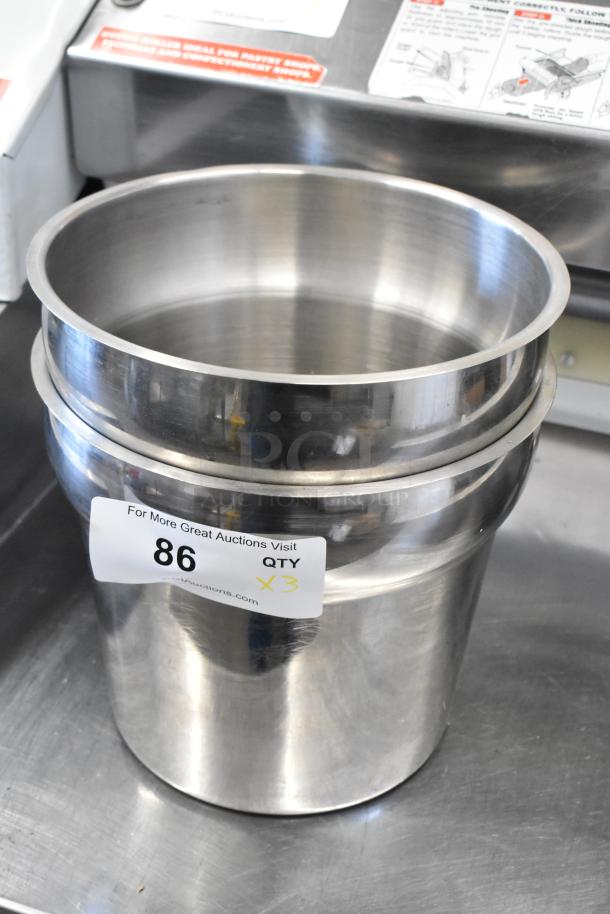 Three stainless steel items, including two cylindrical drop-in bins and a metal ice bucket, labeled "QTY x3."