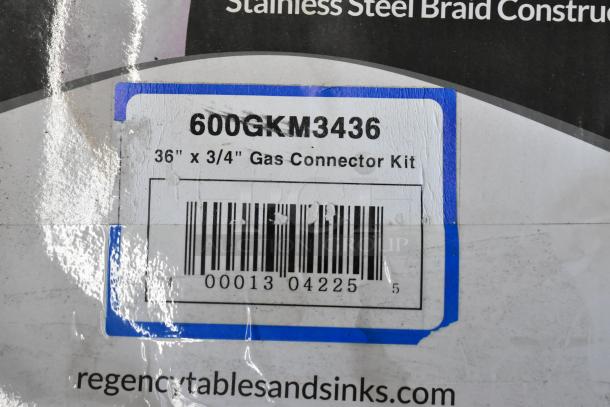 BRAND NEW SCRATCH AND DENT! Regency 36" Gas Connector Hose Kit featuring 2 elbows, full port valve, restraining device, quick disconnect, 3/4" model 600GKM3436.