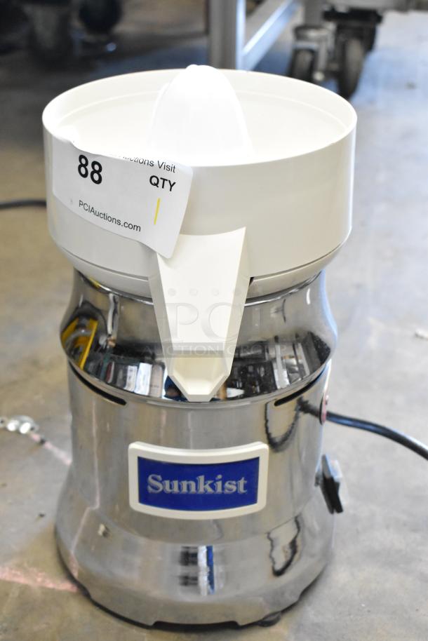 Brand new Sunkist 8-R metal countertop citrus juicer. Features 115 volts, 1 phase. Minor scratches, dent present. Model 8-R.