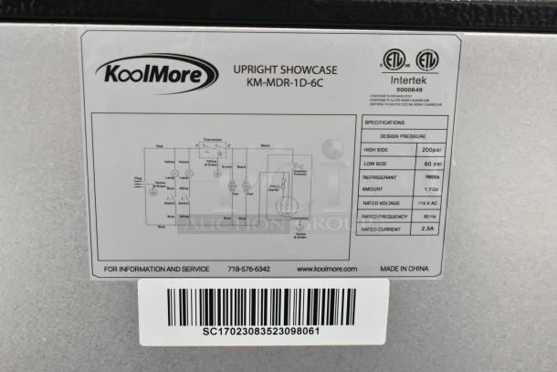 Label on KoolMore KM-MDR-1D-6C cooler showing specifications, wiring diagram, and Intertek certification details.