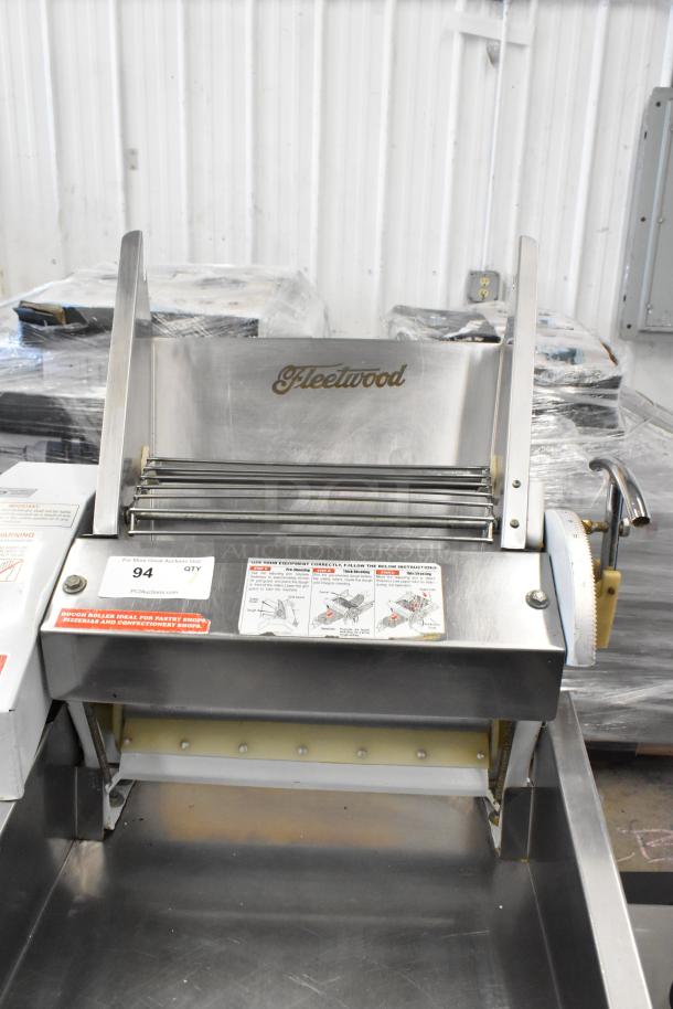 Fleetwood DR-400 Bread Loaf Slicer, commercial floor model, metal, 115V, 1 Phase. Features brand logo and instruction labels.