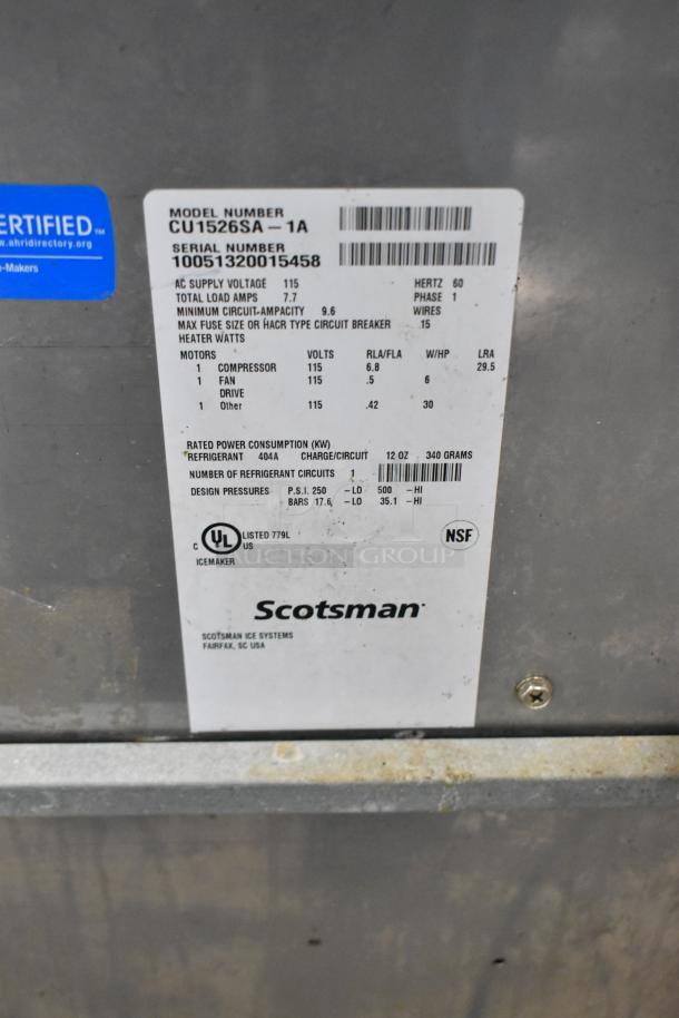 Scotsman Prodigy CU1526SA-1A stainless steel ice machine label showing model, power, and certification details.