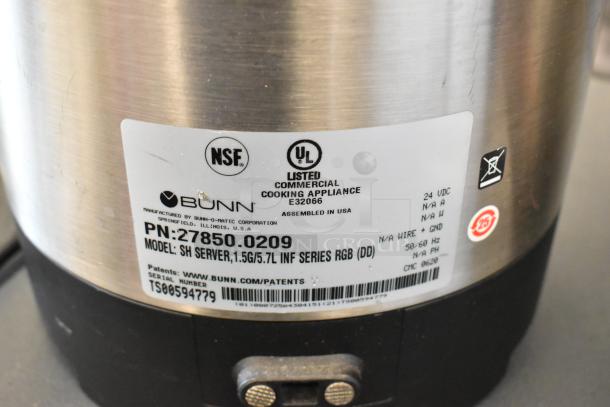 Bunn SH SERVER stainless steel coffee server, model SH SERVER, NSF and UL listed, shows label with model and serial number.