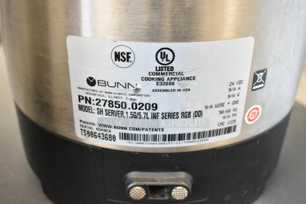 2 Bunn SH SERVER stainless steel coffee server, model SH SERVER, NSF and UL certified, commercial appliance tag visible.