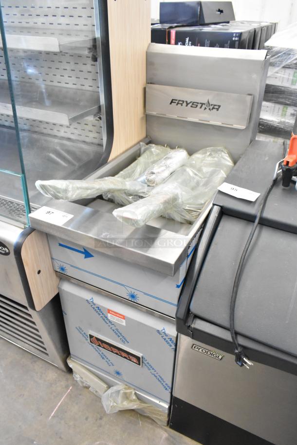 BRAND NEW Sierra Frystar400 Stainless Steel Commercial Gas Deep Fryer, 2022 model, with 2 metal fry baskets. Scratch and dent condition.