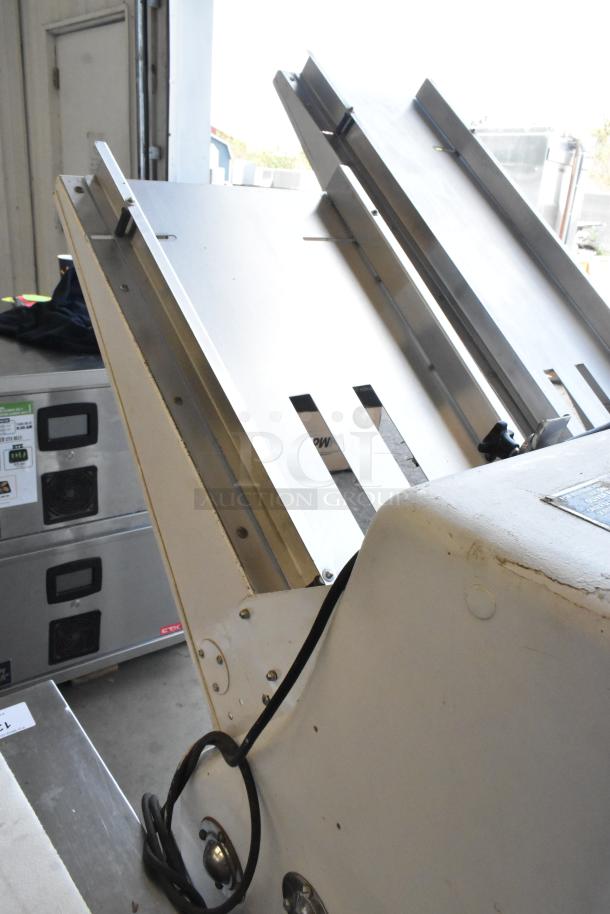 Oliver 797-32 metal bread loaf slicer, commercial floor model. Visible power cord and control panel. 115 volts, 1 phase.