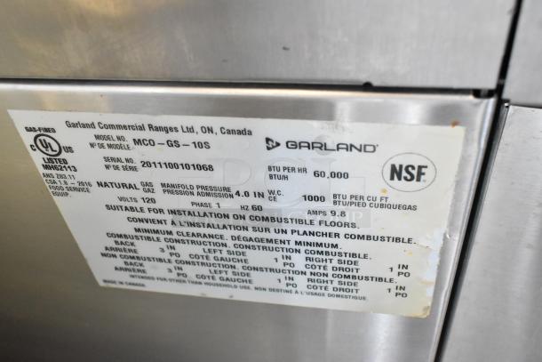 Garland Master 200 MCO-GS-10S convection oven label, 60,000 BTU, NSF certified, stainless steel, natural gas, thermostatic controls.
