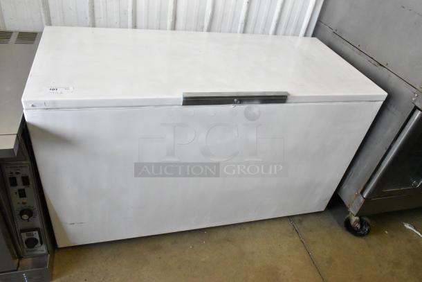 Chest freezer with hinge lid, white exterior, 115 volts, 1 phase, indicators showing lightly used condition, ID tag 101 visible.