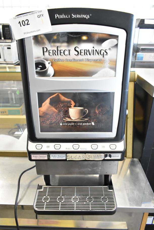United Food Group metal countertop cappuccino dispenser, model UV-PSPD-5-AV-BL-T-B, 120V, 1 phase, "Perfect Servings" branding.